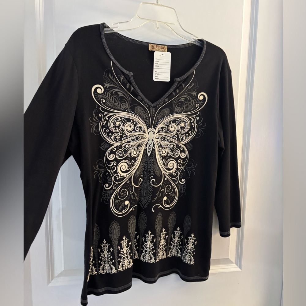 Blue Canyon Black Butterfly Embellished V-Neck Top Sz L